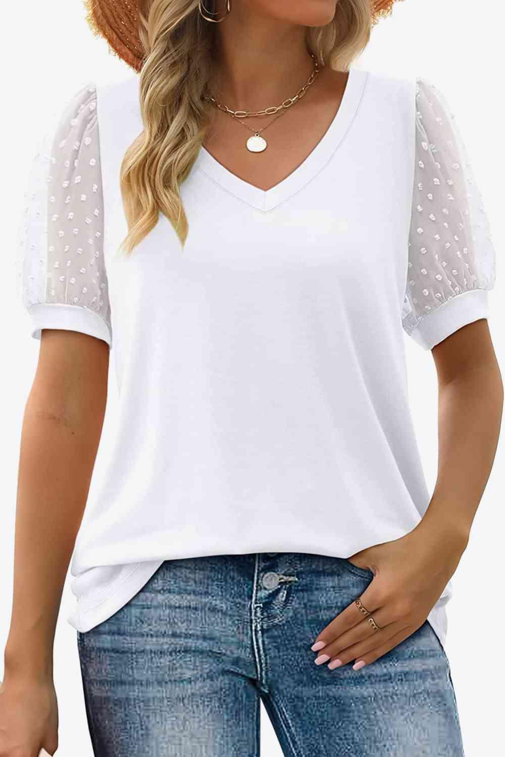 Get trendy with Swiss Dot Puff Sleeve V-Neck Tee - T-Shirt available at Styles Code. Grab yours today!