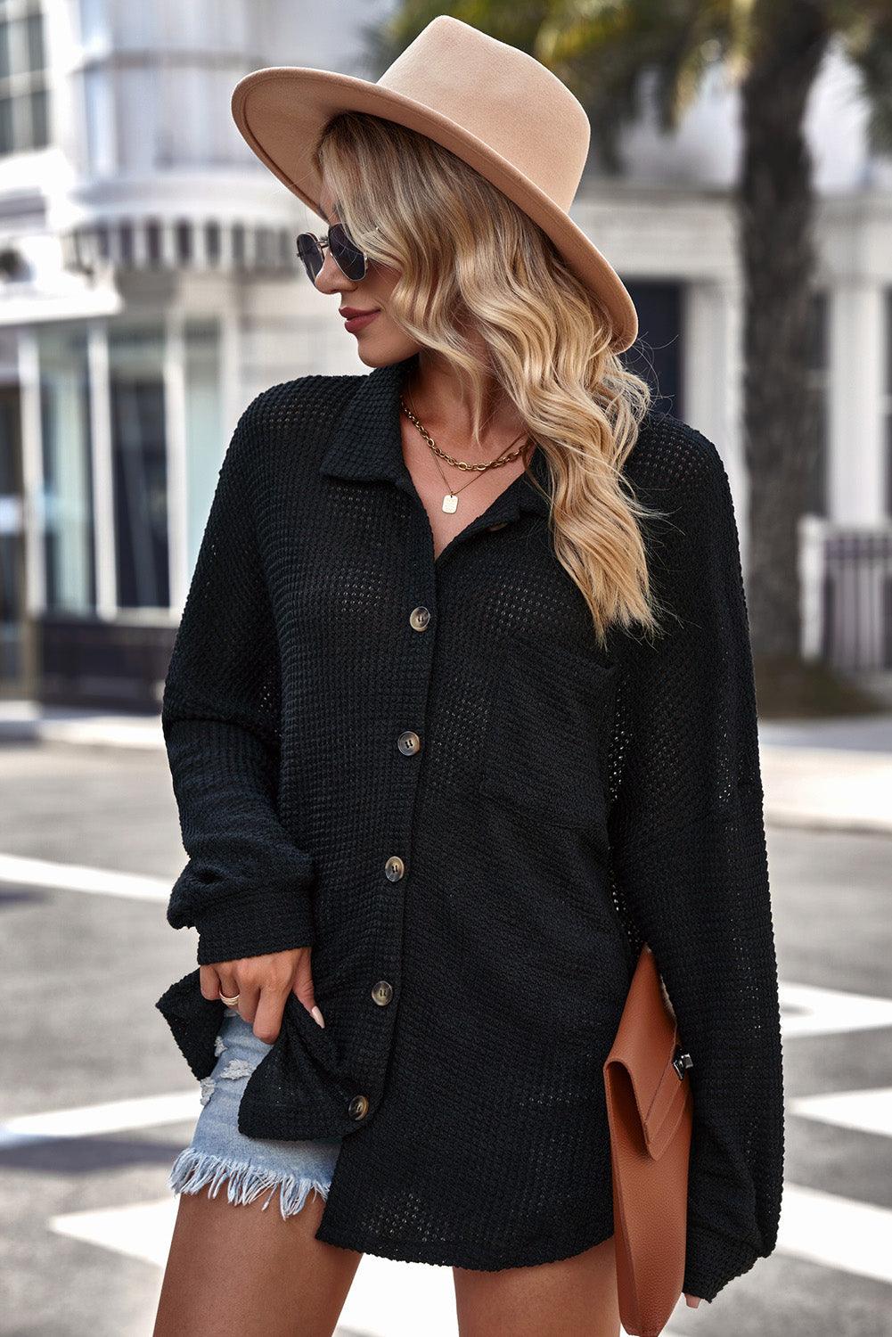 Get trendy with Waffle-Knit Collared Neck Dropped Shoulder Shirt - Tops available at Styles Code. Grab yours today!