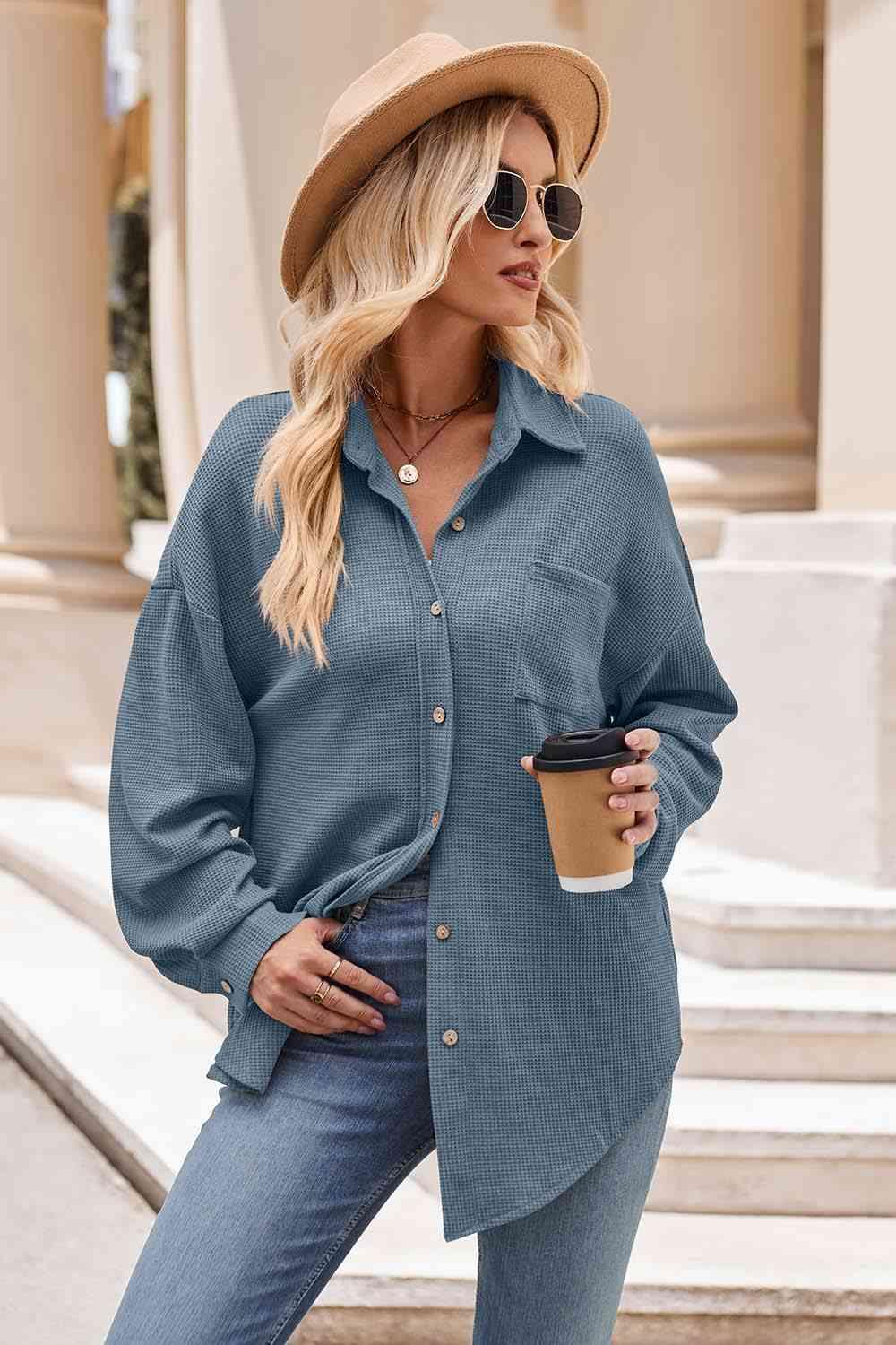 Get trendy with Collared Neck Dropped Shoulder Shirt - Shirt available at Styles Code. Grab yours today!