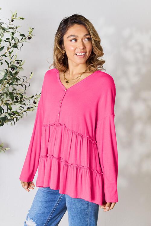 Get trendy with Half Button Ruffle Hem Blouse - Blouse available at Styles Code. Grab yours today!