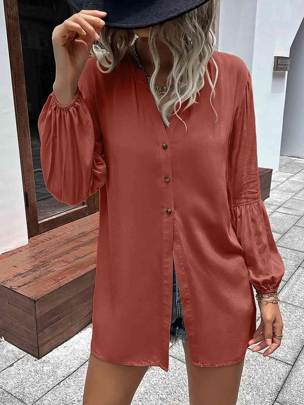 Get trendy with Notched Neck Balloon Sleeve Shirt - Shirt available at Styles Code. Grab yours today!