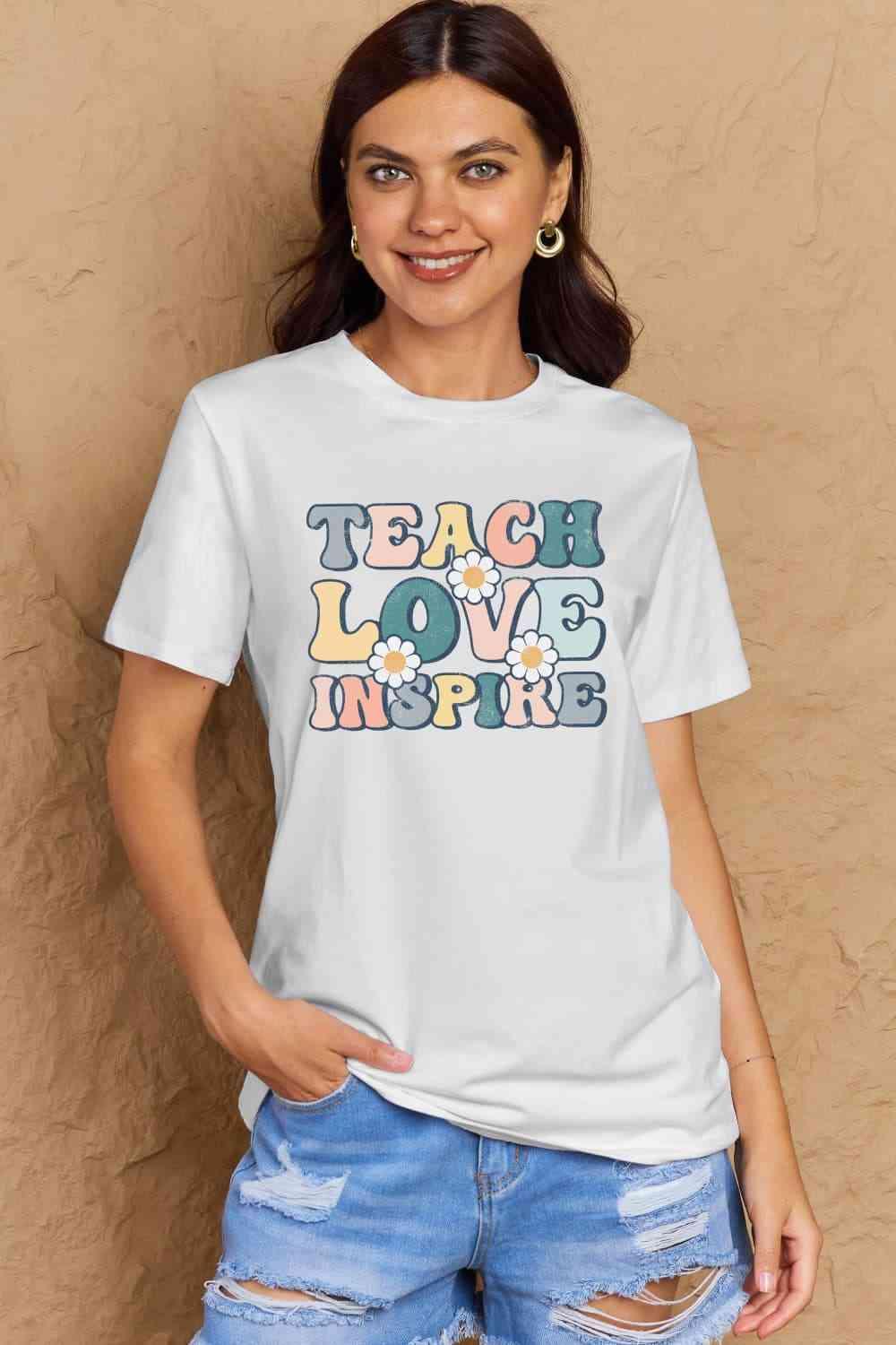 Get trendy with Full Size TEACH LOVE INSPIRE Graphic Cotton T-Shirt - T-Shirt available at Styles Code. Grab yours today!