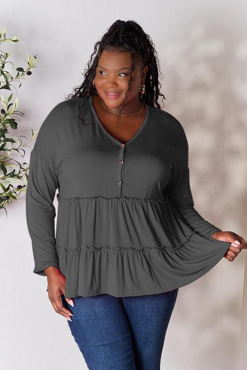 Get trendy with Half Button Ruffle Hem Blouse - Blouse available at Styles Code. Grab yours today!