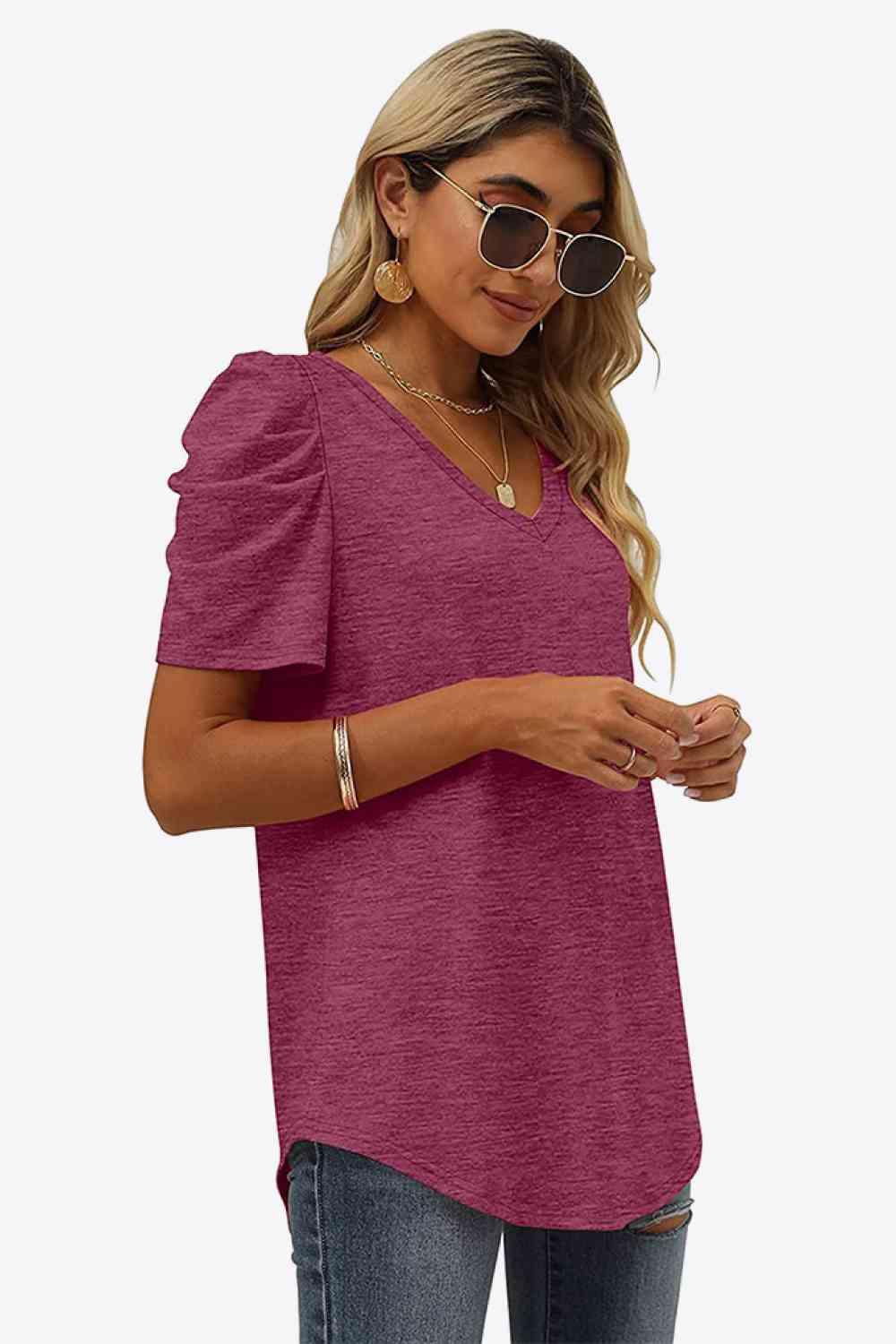 Get trendy with V-Neck Puff Sleeve Tee - T-Shirt available at Styles Code. Grab yours today!