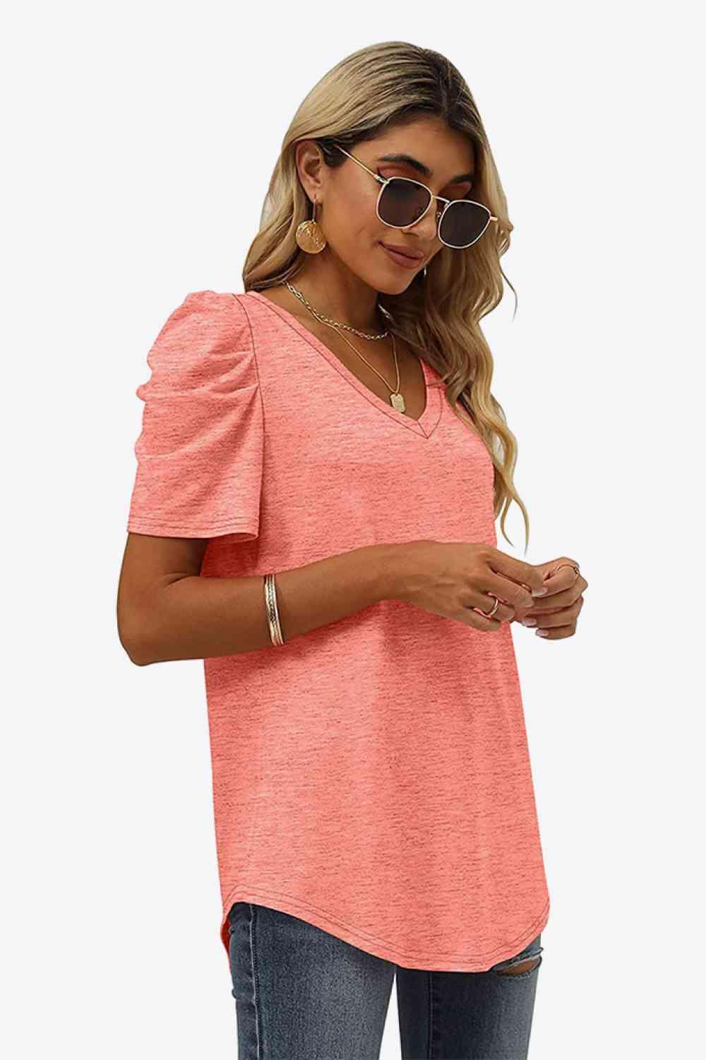 Get trendy with V-Neck Puff Sleeve Tee - T-Shirt available at Styles Code. Grab yours today!