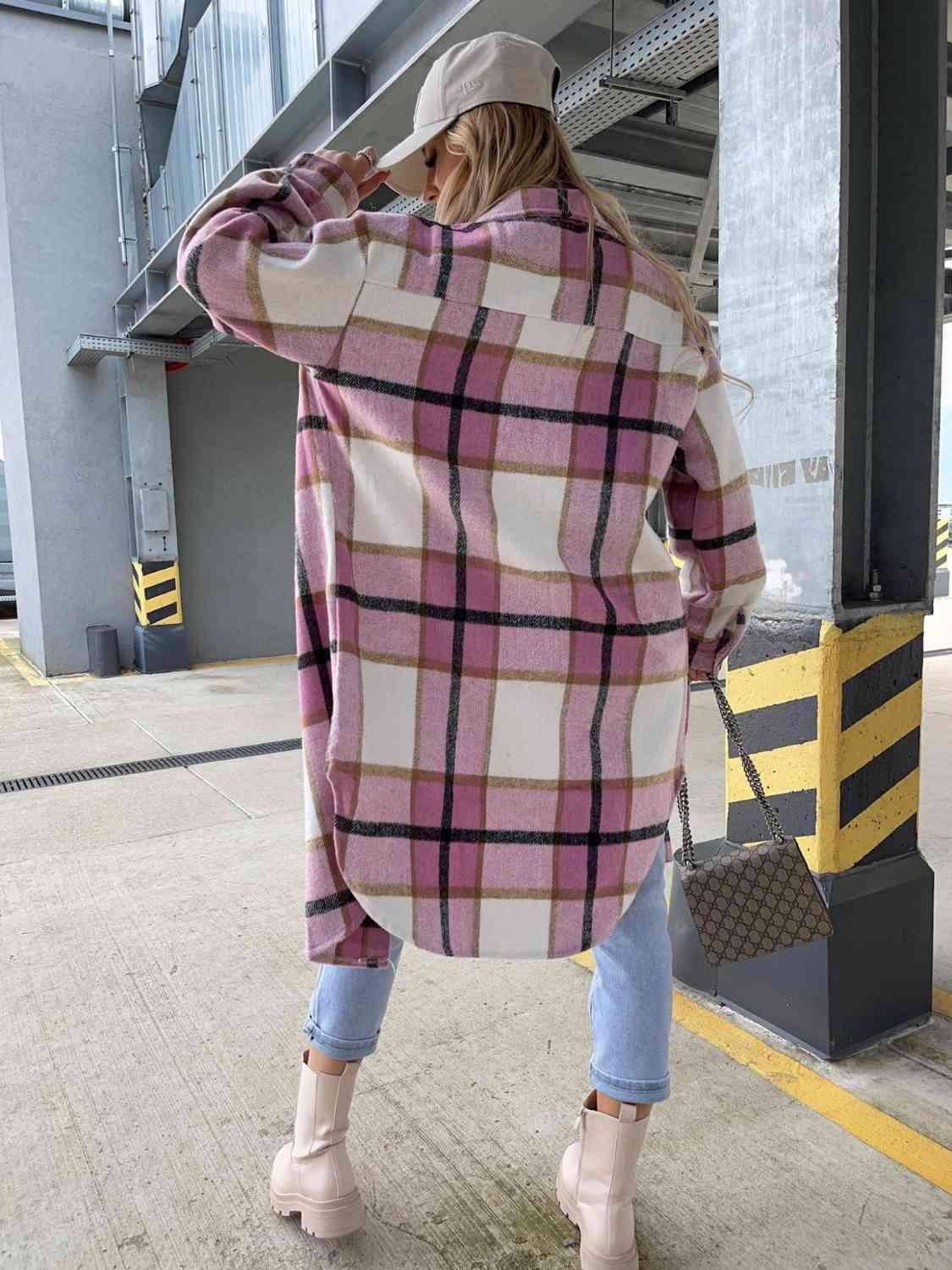 Get trendy with Plaid Collared Neck Longline Shirt - Shirt available at Styles Code. Grab yours today!