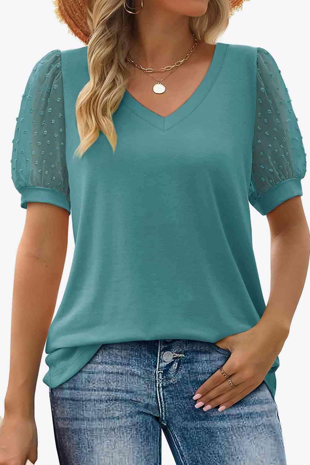 Get trendy with Swiss Dot Puff Sleeve V-Neck Tee - T-Shirt available at Styles Code. Grab yours today!
