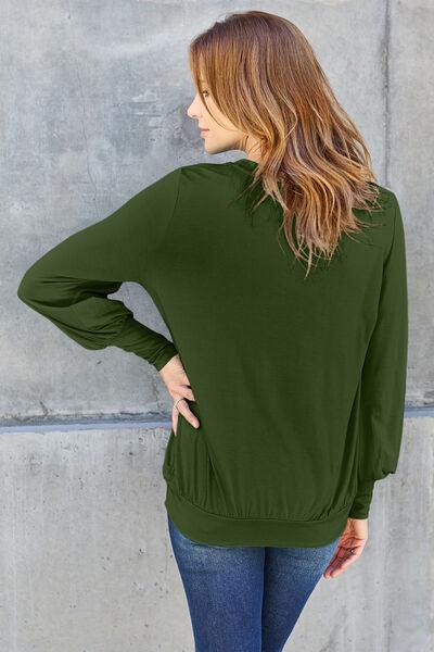 Get trendy with Basic Bae Full Size V-Neck Lantern Sleeve Blouse - Blouse available at Styles Code. Grab yours today!