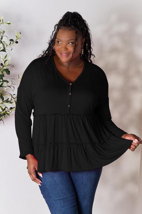 Get trendy with Half Button Ruffle Hem Blouse - Blouse available at Styles Code. Grab yours today!