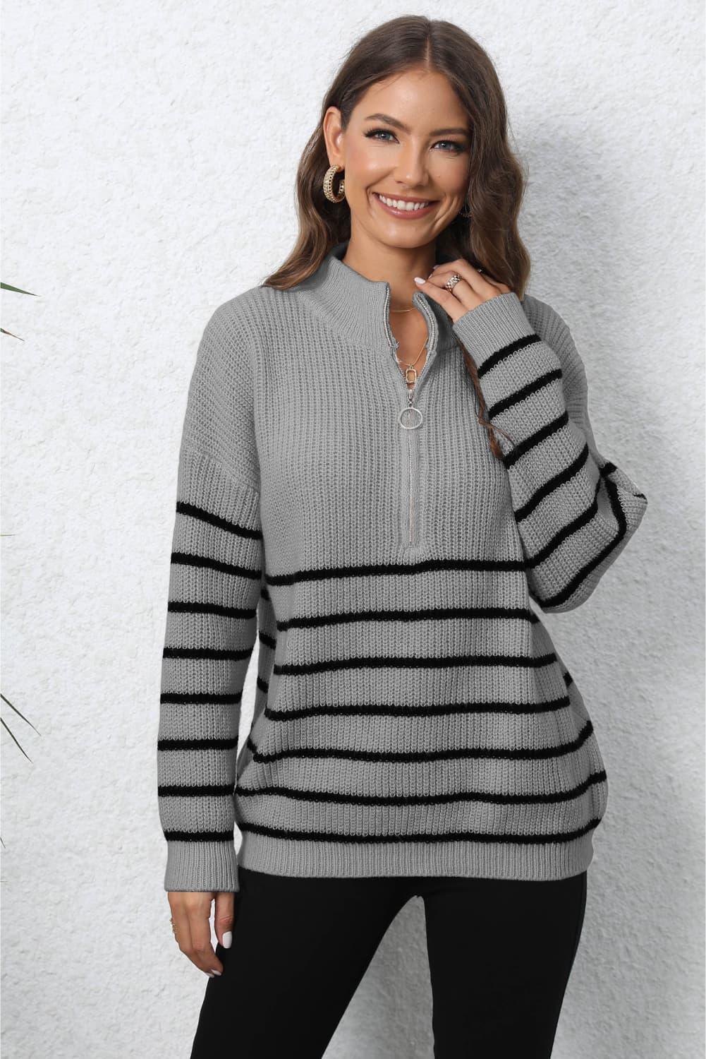 Get trendy with Mock Neck Long Sleeve Zip-Up Sweater - Sweater available at Styles Code. Grab yours today!