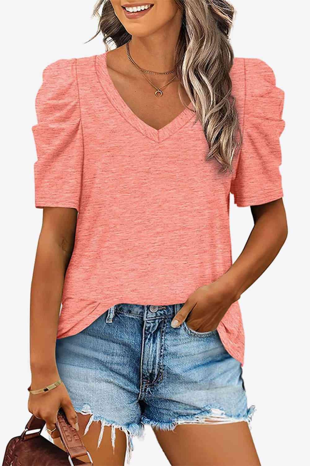 Get trendy with V-Neck Puff Sleeve Tee - T-Shirt available at Styles Code. Grab yours today!