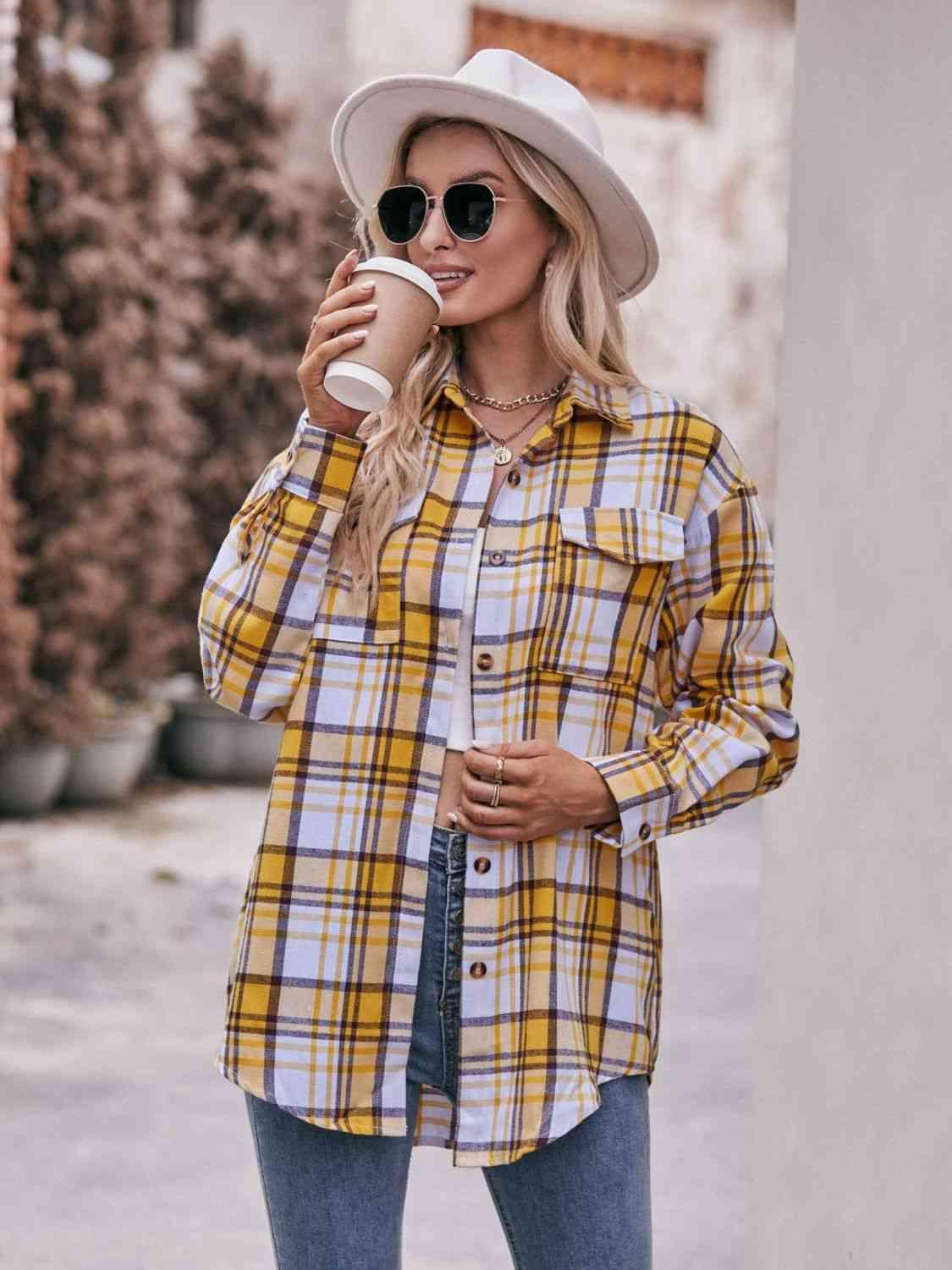 Get trendy with Plaid Dropped Shoulder Longline Shirt - Shirt available at Styles Code. Grab yours today!