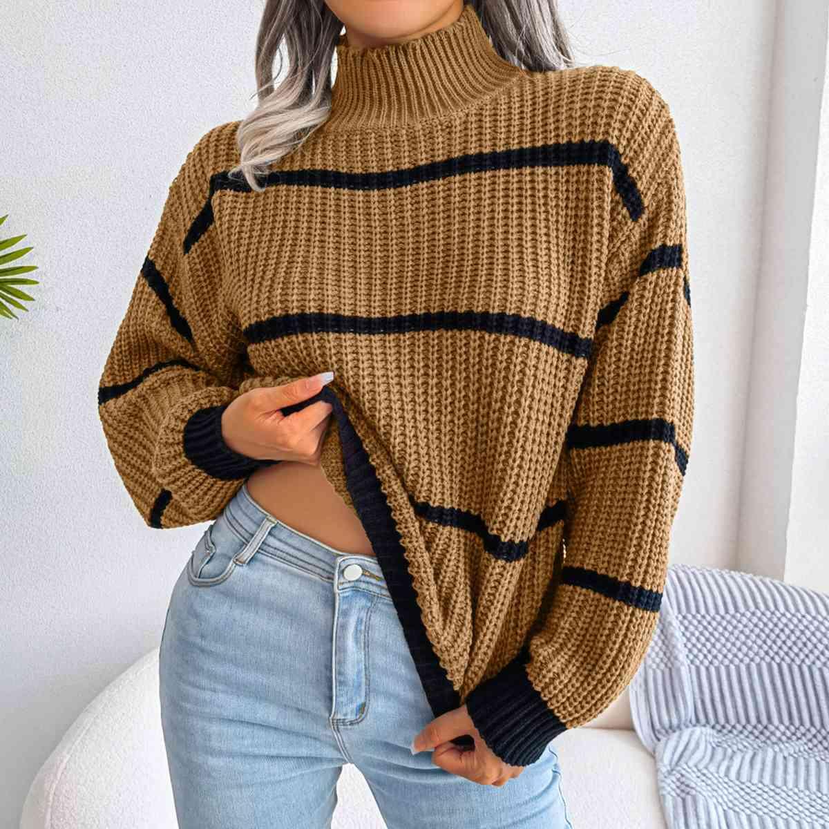 Get trendy with Striped Mock Neck Dropped Shoulder Sweater - Sweater available at Styles Code. Grab yours today!