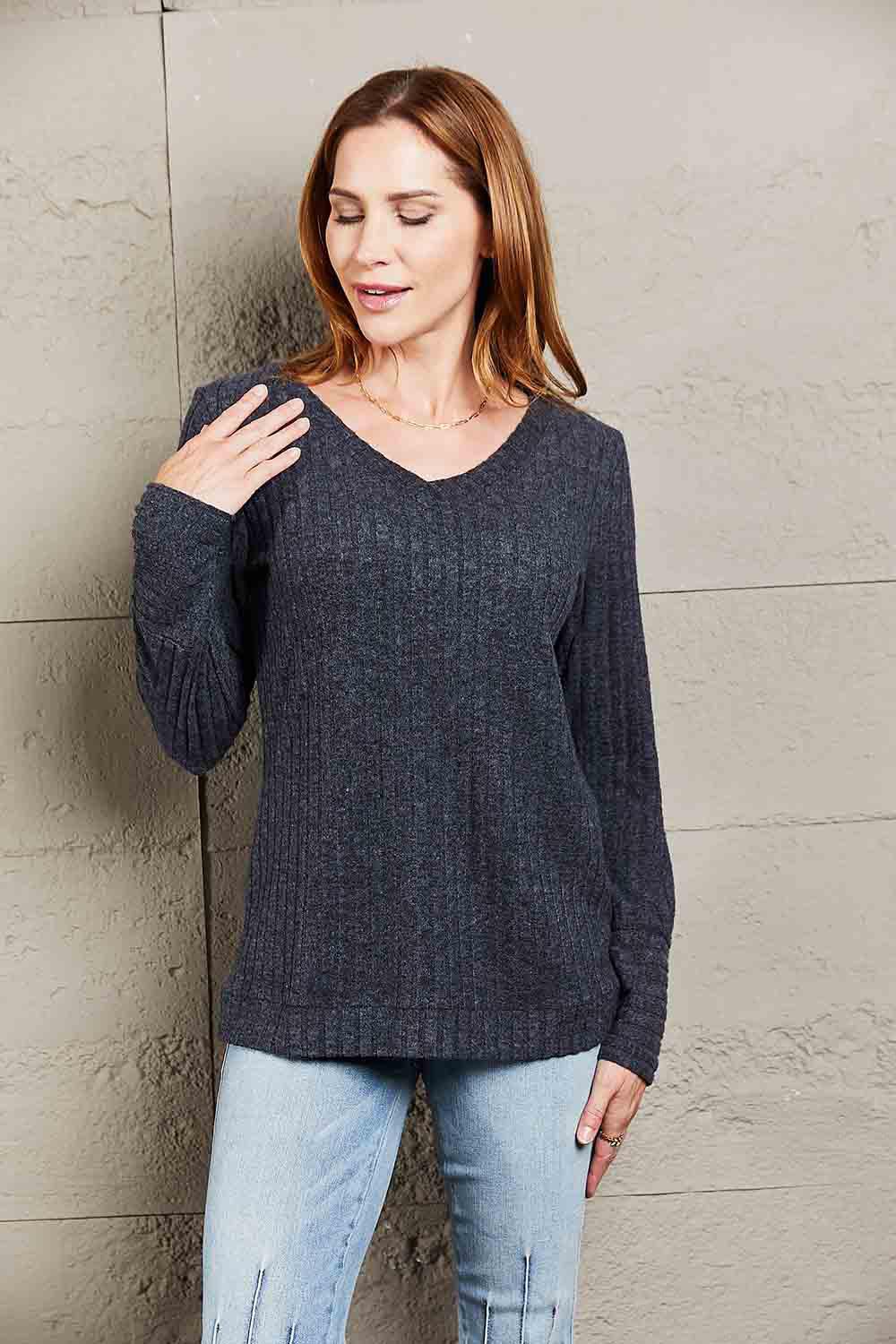 Get trendy with V-Neck Long Sleeve Ribbed Top - Tops available at Styles Code. Grab yours today!