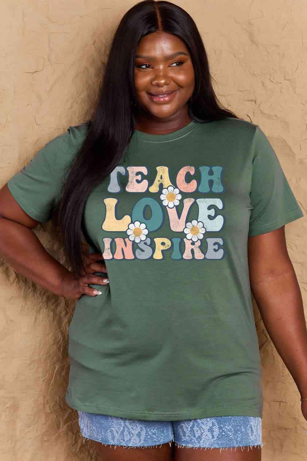 Get trendy with Full Size TEACH LOVE INSPIRE Graphic Cotton T-Shirt - T-Shirt available at Styles Code. Grab yours today!