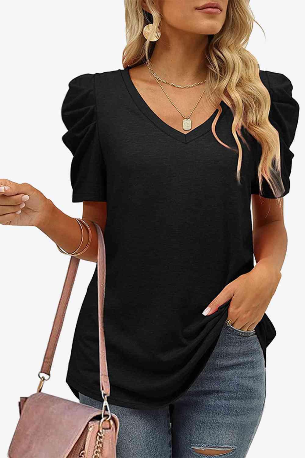 Get trendy with V-Neck Puff Sleeve Tee - T-Shirt available at Styles Code. Grab yours today!