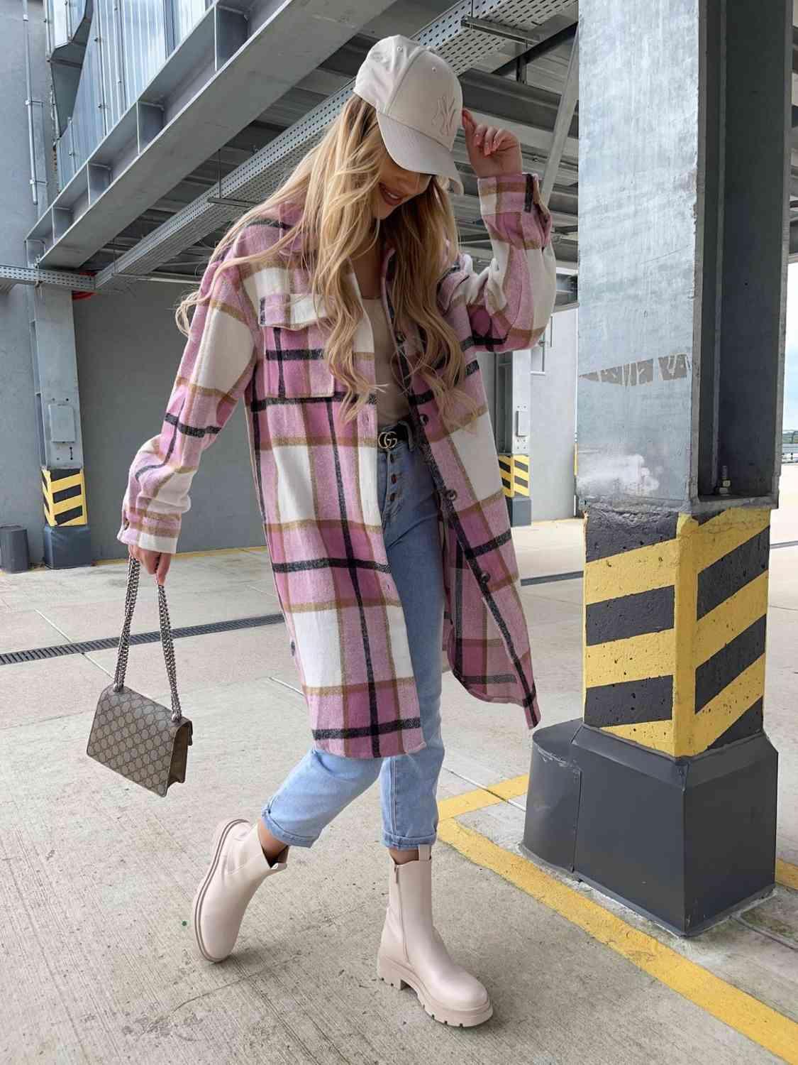 Get trendy with Plaid Collared Neck Longline Shirt - Shirt available at Styles Code. Grab yours today!