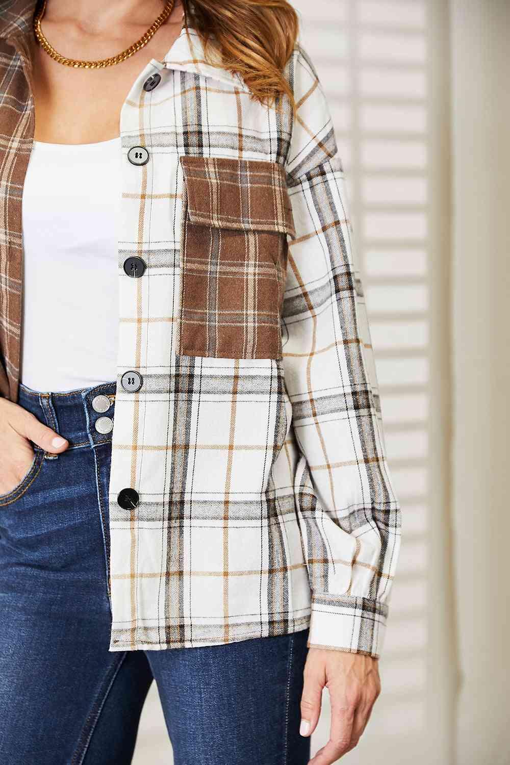 Get trendy with Plaid Contrast Button Up Shirt Jacket - Shirt available at Styles Code. Grab yours today!
