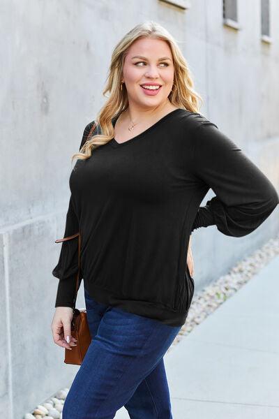 Get trendy with Full Size V-Neck Lantern Sleeve Blouse - Blouse available at Styles Code. Grab yours today!