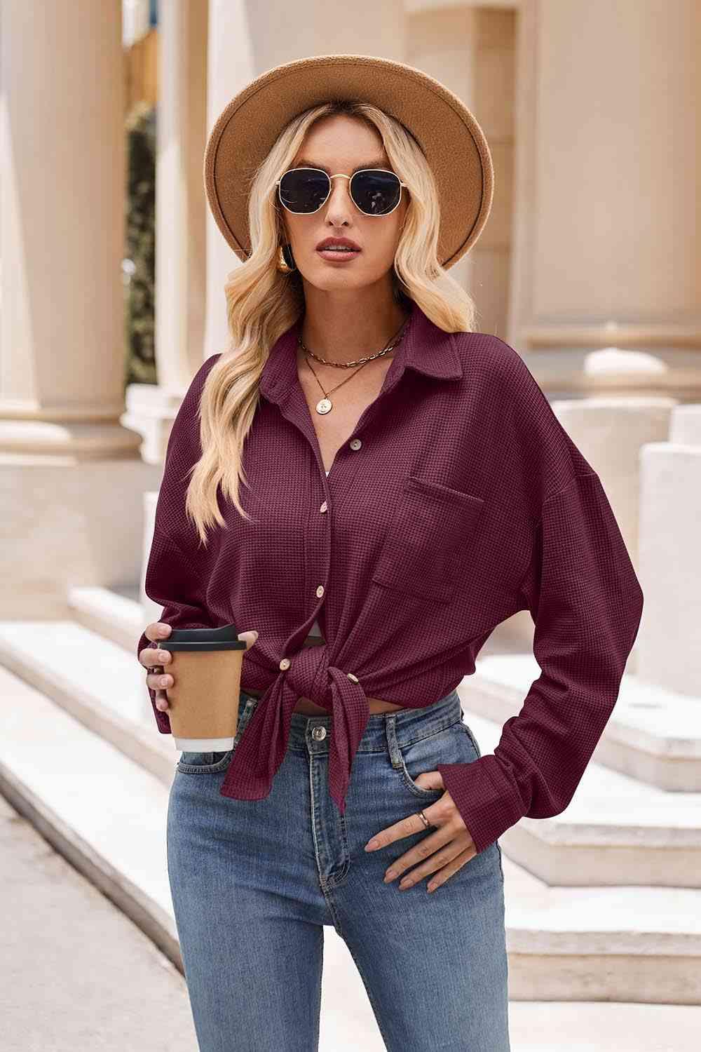 Get trendy with Collared Neck Dropped Shoulder Shirt - Shirt available at Styles Code. Grab yours today!