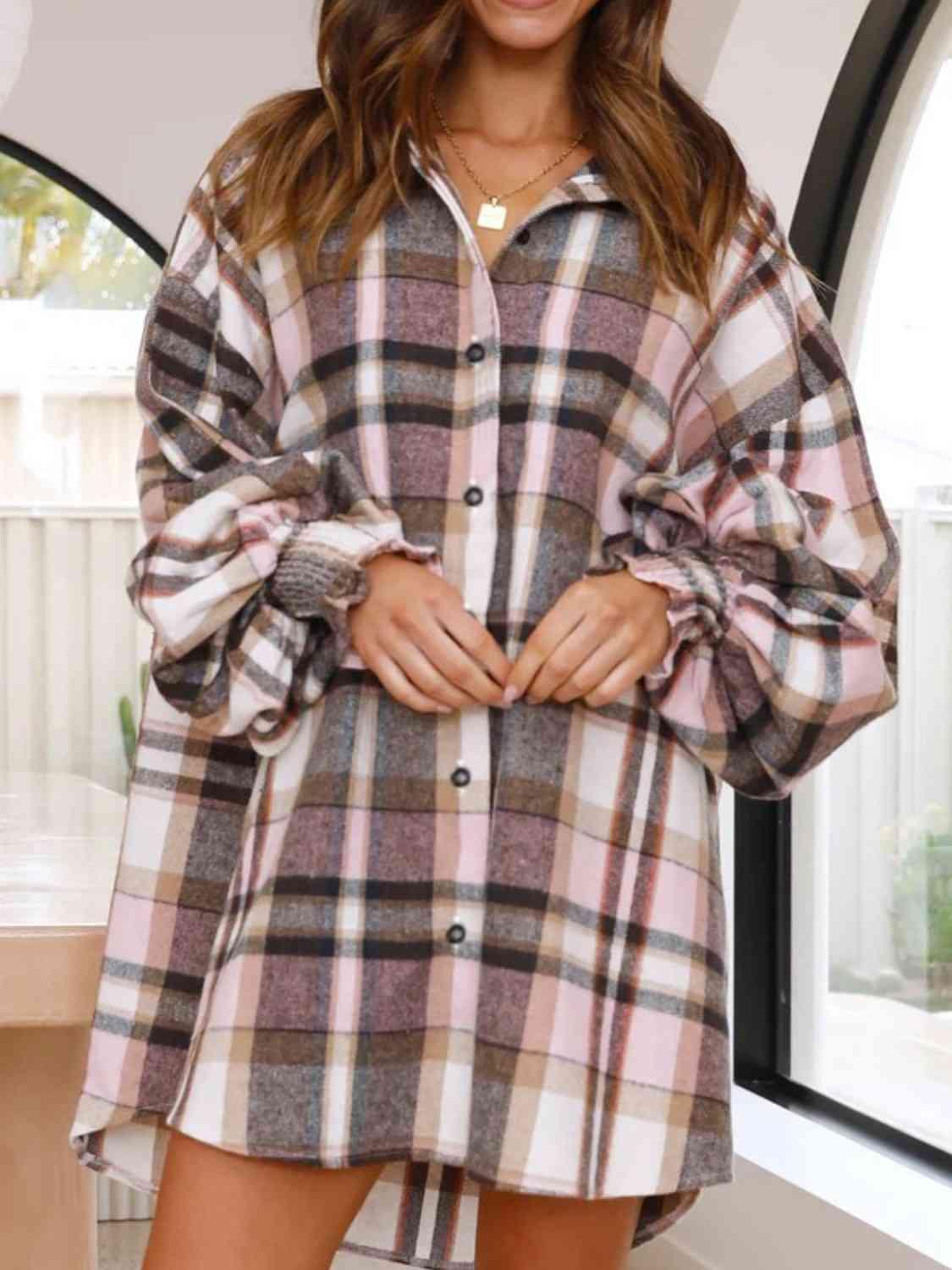 Get trendy with Plaid Lantern Sleeve Shirt - Shirt available at Styles Code. Grab yours today!