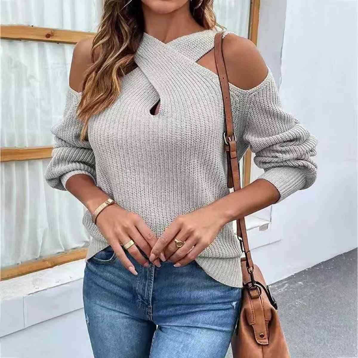 Get trendy with Crisscross Cold-Shoulder Sweater - Sweater available at Styles Code. Grab yours today!