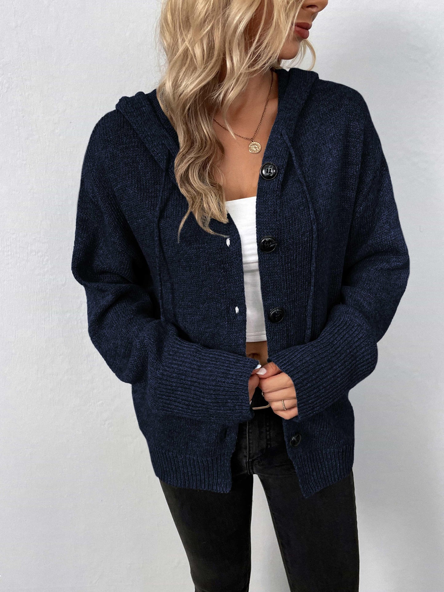 Get trendy with Button-Down Long Sleeve Hooded Sweater - Tops available at Styles Code. Grab yours today!