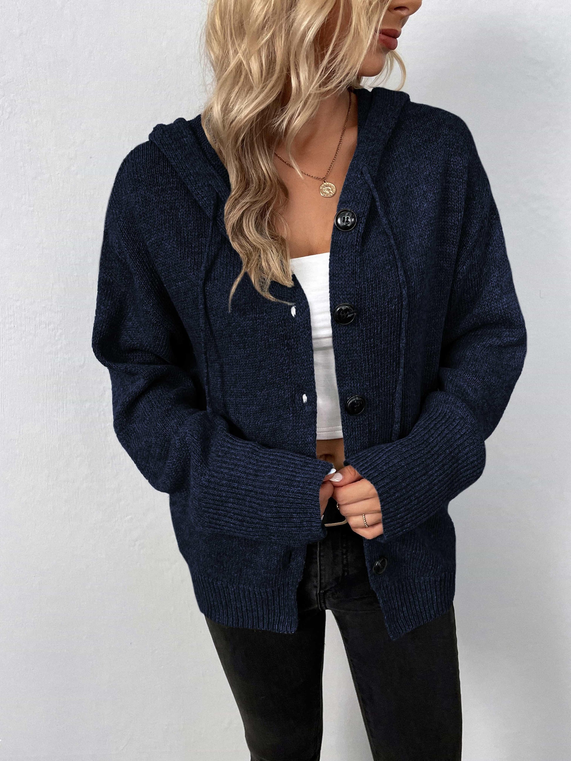 Get trendy with Button-Down Long Sleeve Hooded Sweater - Tops available at Styles Code. Grab yours today!