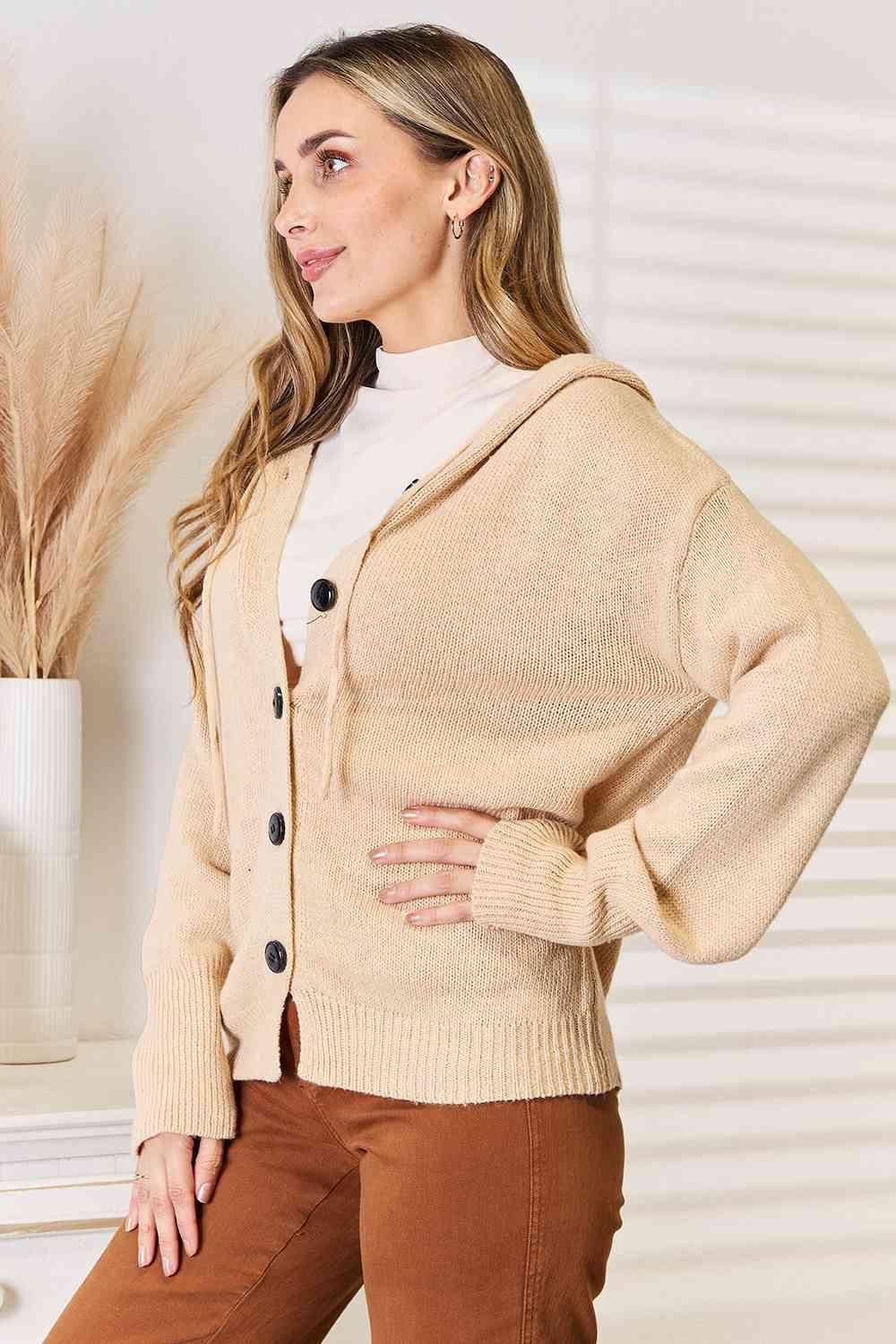Get trendy with Button-Down Long Sleeve Hooded Sweater - Sweater available at Styles Code. Grab yours today!