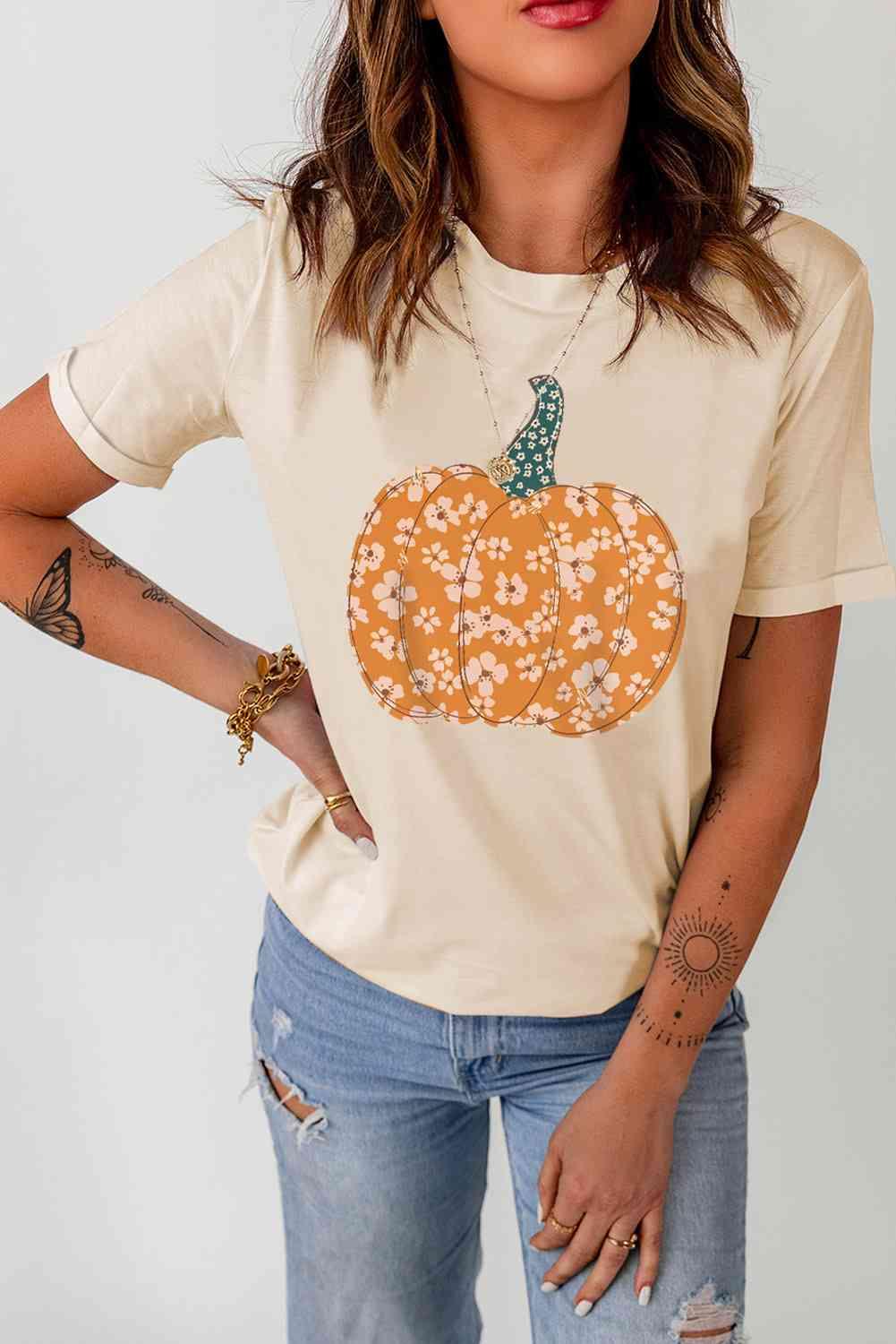Get trendy with Pumpkin Graphic Round Neck Cuffed T-Shirt - T-Shirt available at Styles Code. Grab yours today!