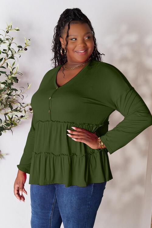 Get trendy with Half Button Ruffle Hem Blouse - Blouse available at Styles Code. Grab yours today!