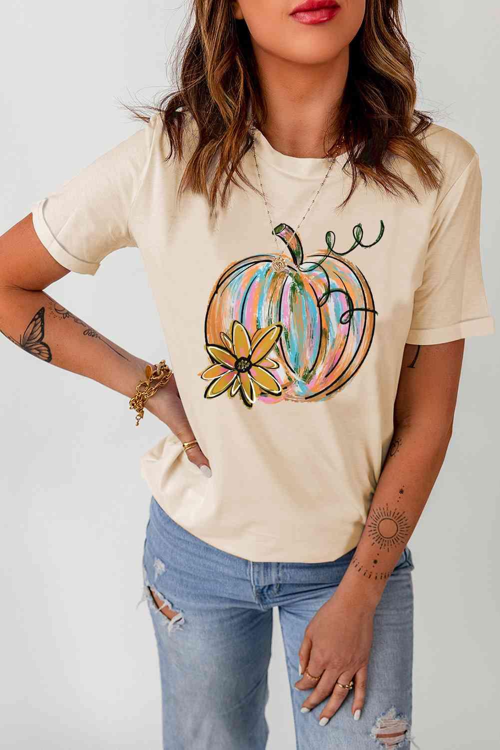 Get trendy with Pumpkin Graphic Round Neck T-Shirt - T-Shirt available at Styles Code. Grab yours today!