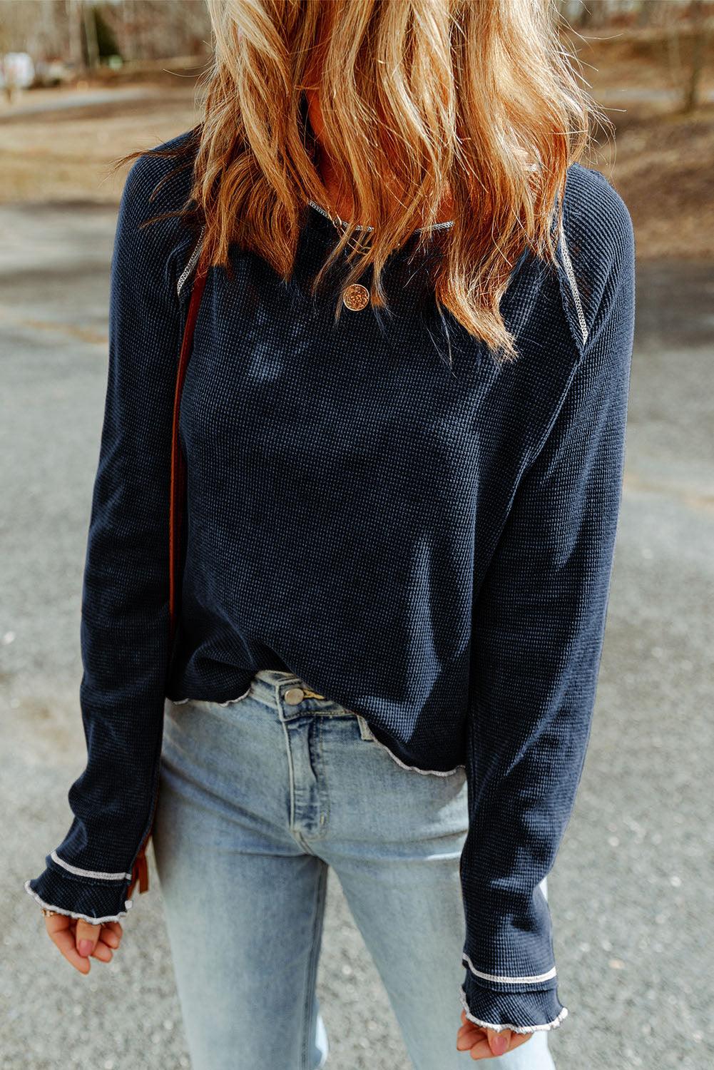 Get trendy with Long Raglan Sleeve Round Neck Top - Tops available at Styles Code. Grab yours today!