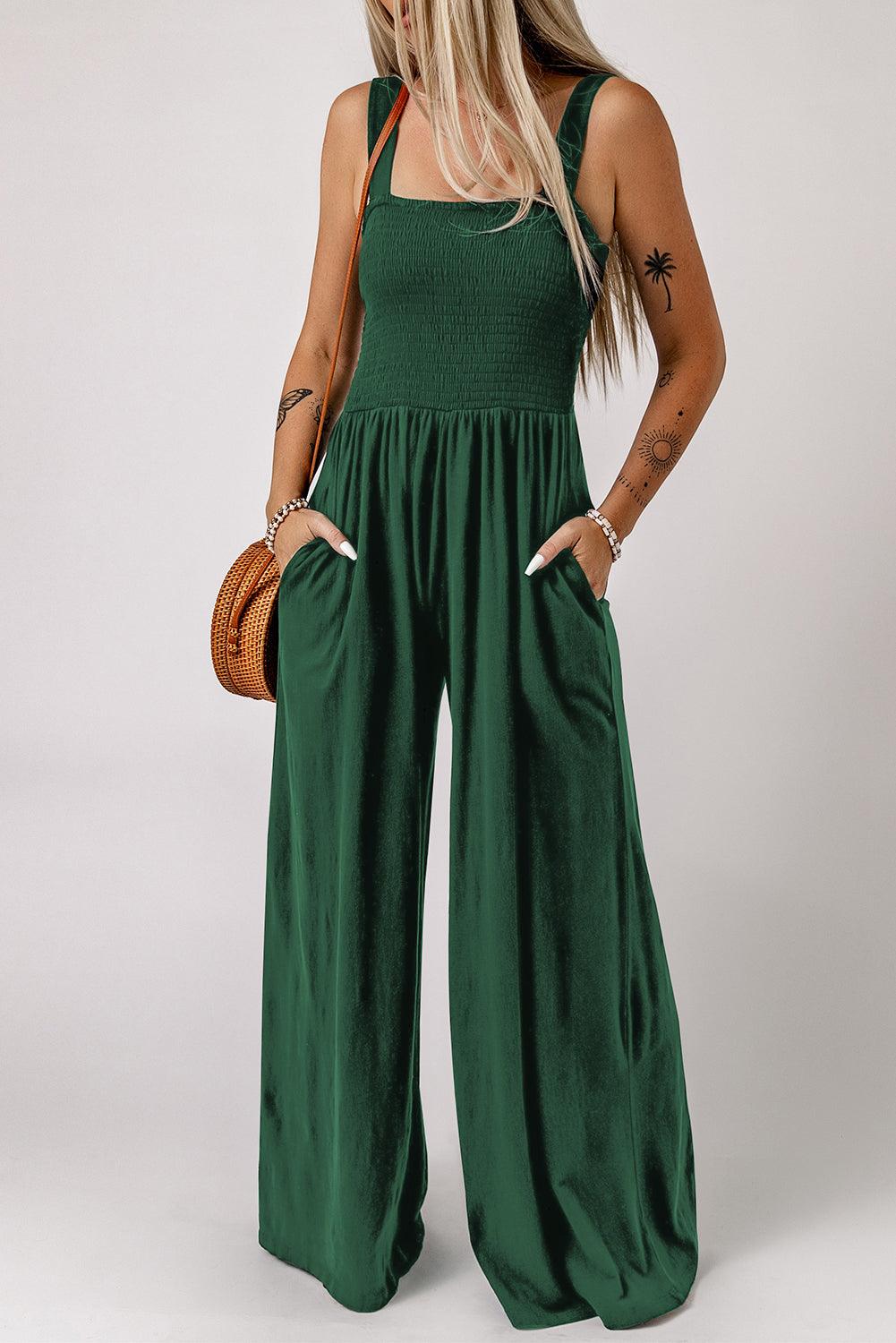 Get trendy with Smocked Square Neck Wide Leg Jumpsuit with Pockets - Jumpsuits available at Styles Code. Grab yours today!