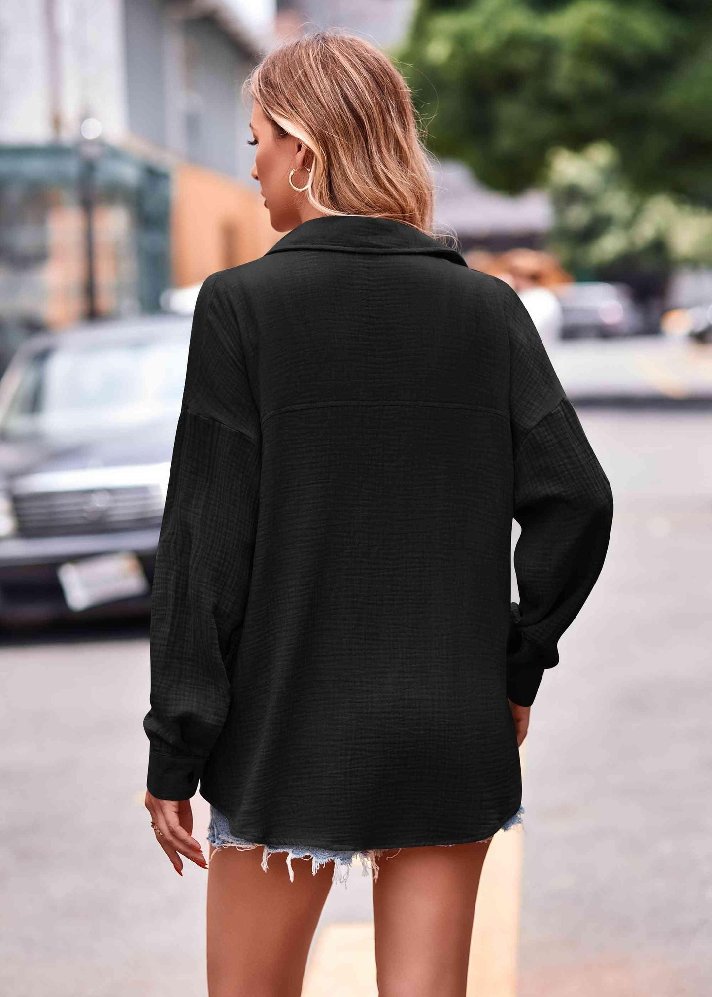 Get trendy with Textured Dropped Shoulder Longline Shirt - Shirt available at Styles Code. Grab yours today!