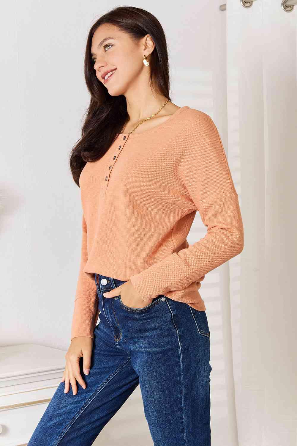 Get trendy with Half Button Long Sleeve Top - Tops available at Styles Code. Grab yours today!