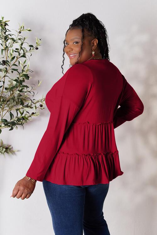 Get trendy with Half Button Ruffle Hem Blouse - Blouse available at Styles Code. Grab yours today!