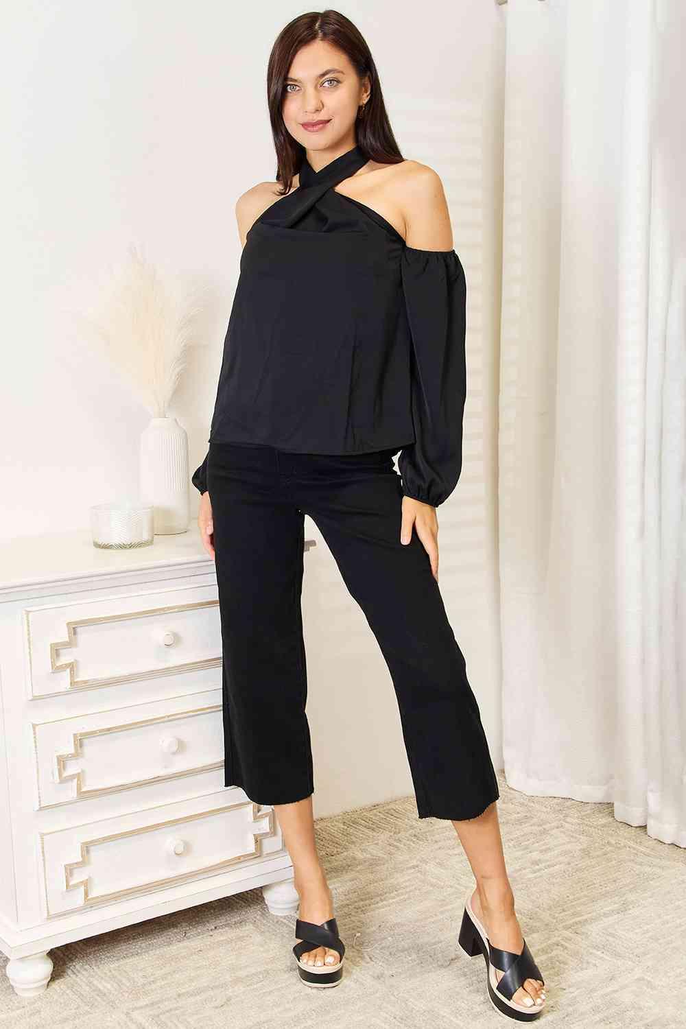 Get trendy with Cold Shoulder Long Sleeve Blouse - Blouse available at Styles Code. Grab yours today!