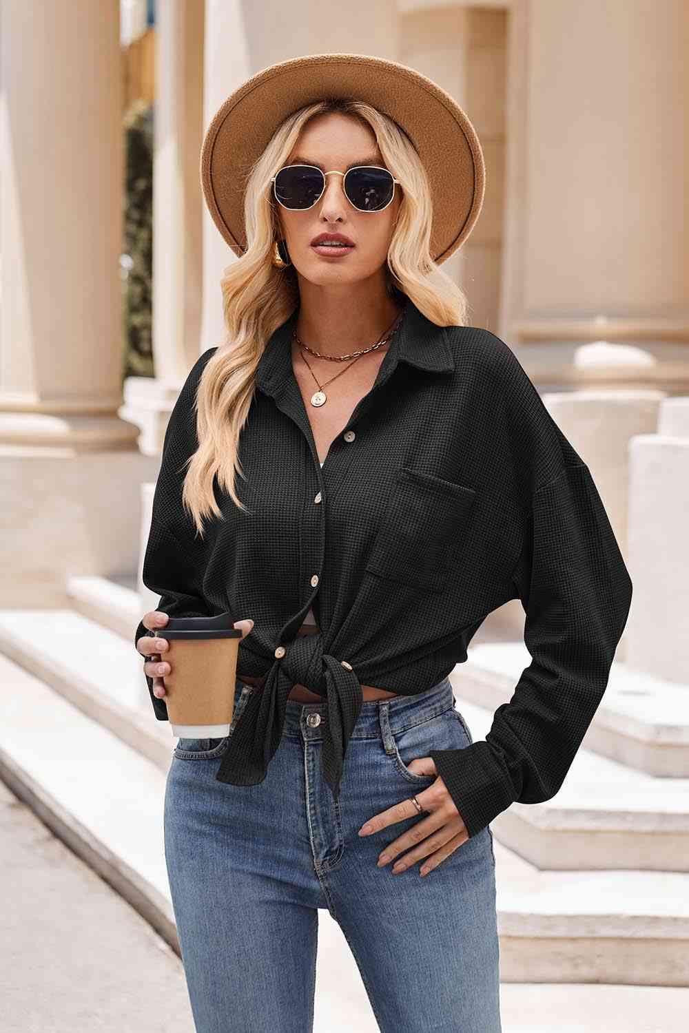 Get trendy with Collared Neck Dropped Shoulder Shirt - Shirt available at Styles Code. Grab yours today!