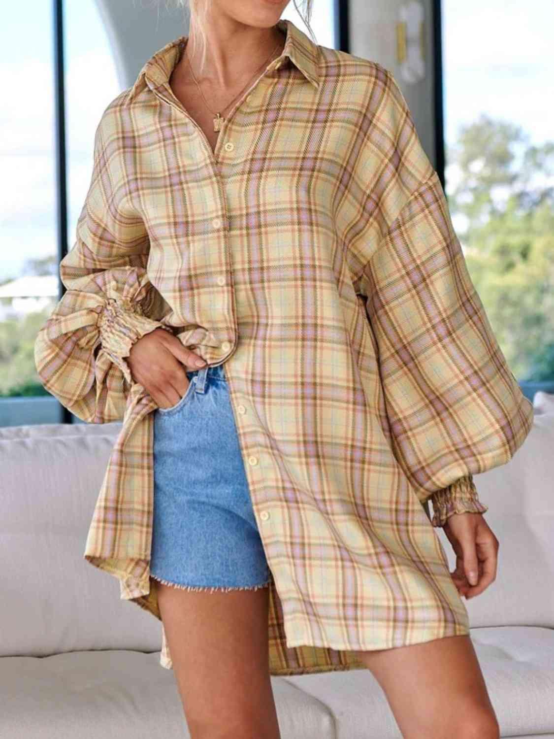 Get trendy with Plaid Lantern Sleeve Shirt - Shirt available at Styles Code. Grab yours today!