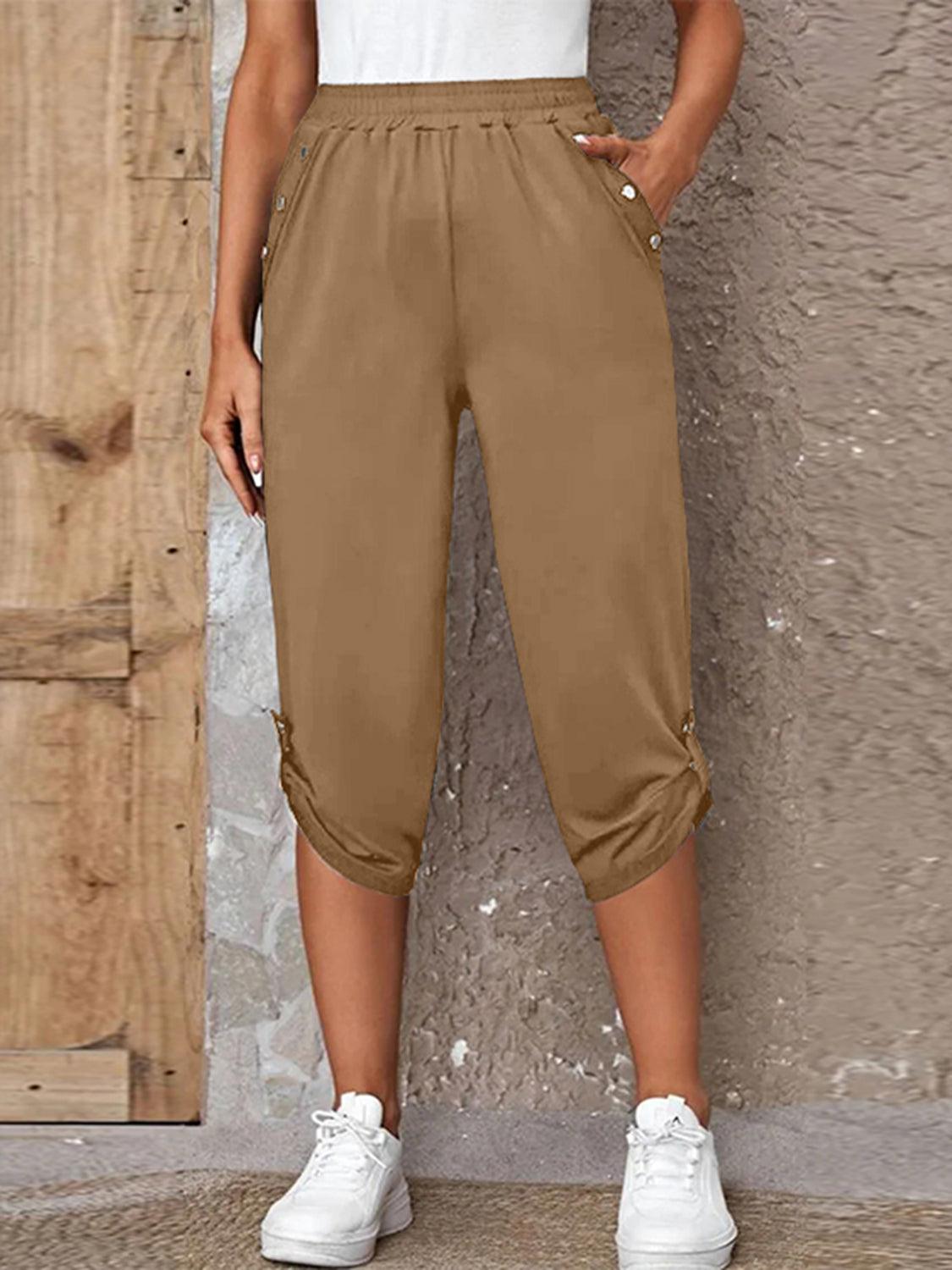 Get trendy with Full Size Roll-Tab Capris Pants - Bottoms available at Styles Code. Grab yours today!