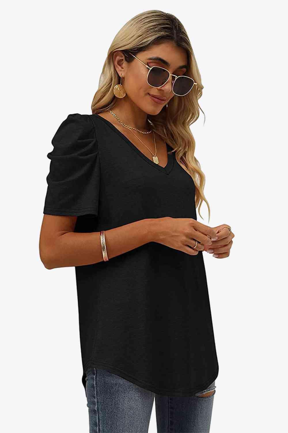 Get trendy with V-Neck Puff Sleeve Tee - T-Shirt available at Styles Code. Grab yours today!