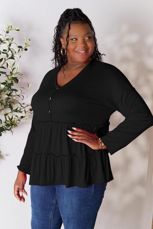 Get trendy with Half Button Ruffle Hem Blouse - Blouse available at Styles Code. Grab yours today!