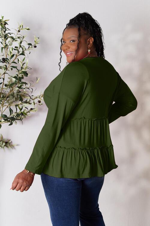 Get trendy with Half Button Ruffle Hem Blouse - Blouse available at Styles Code. Grab yours today!