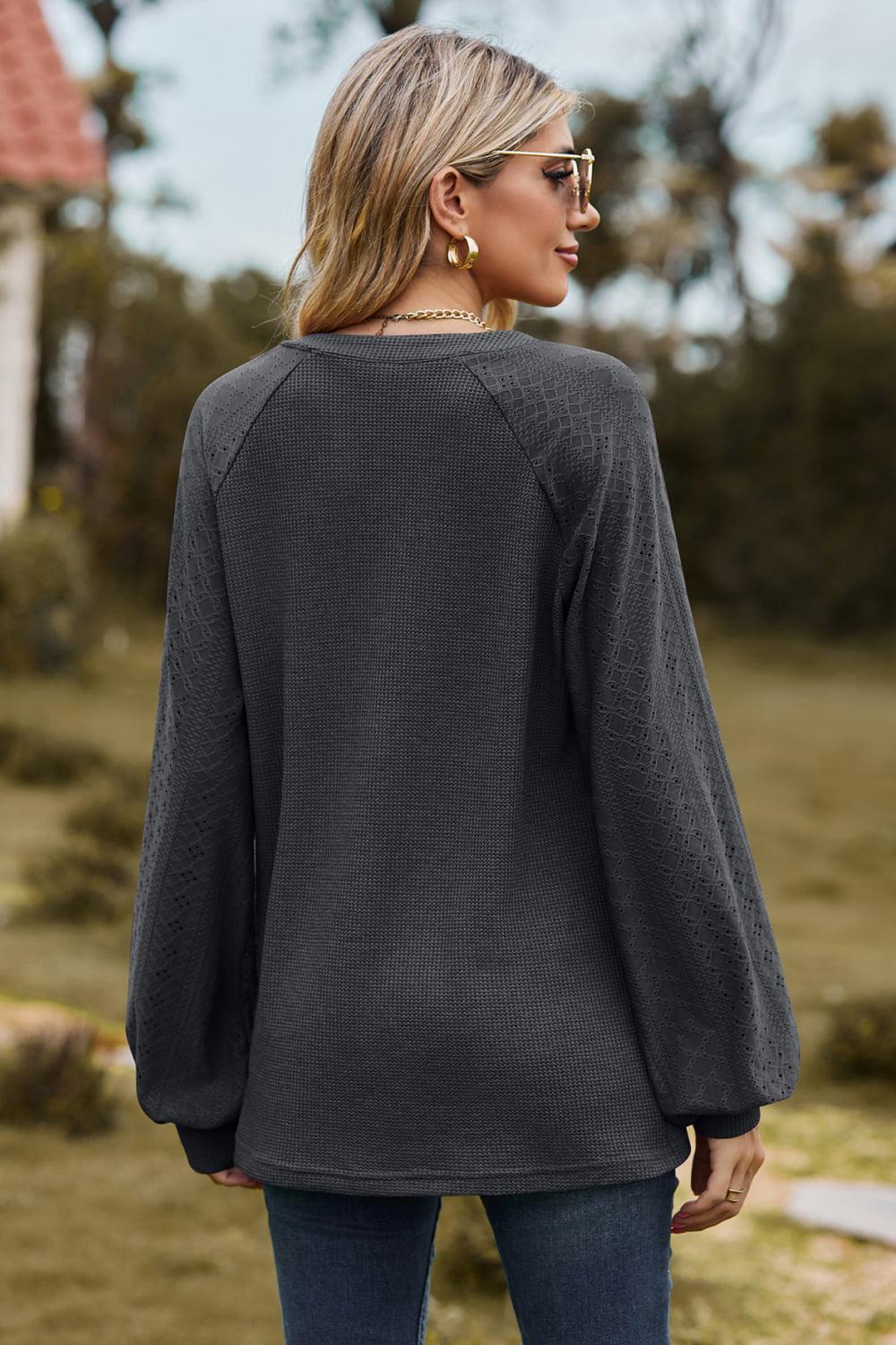 Get trendy with Notched Neck Raglan Sleeve Blouse - Tops available at Styles Code. Grab yours today!