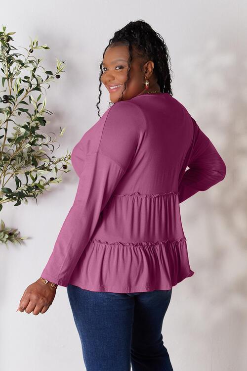 Get trendy with Half Button Ruffle Hem Blouse - Blouse available at Styles Code. Grab yours today!
