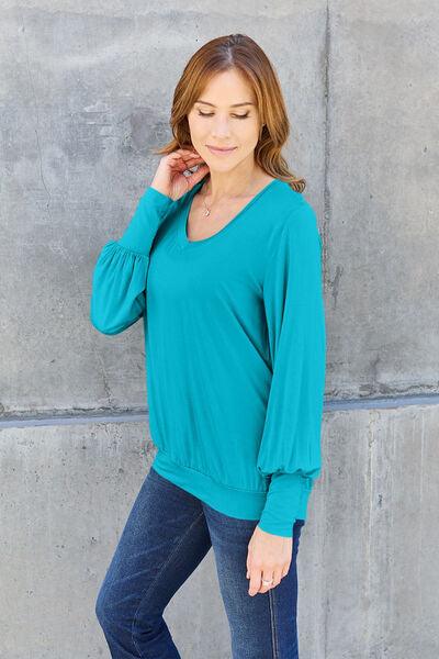 Get trendy with Basic Bae Full Size V-Neck Lantern Sleeve Blouse - Blouse available at Styles Code. Grab yours today!