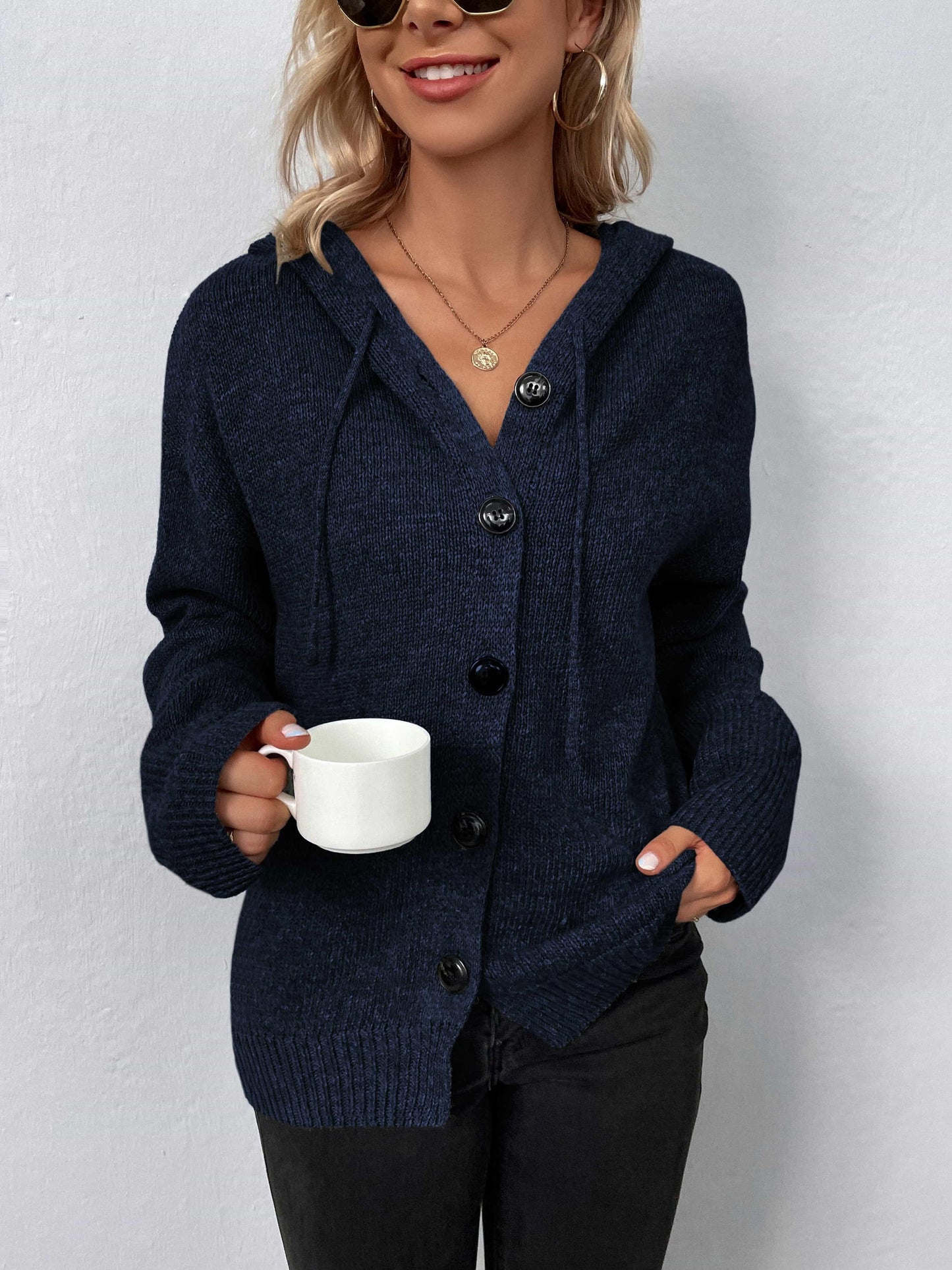 Get trendy with Button-Down Long Sleeve Hooded Sweater - Tops available at Styles Code. Grab yours today!