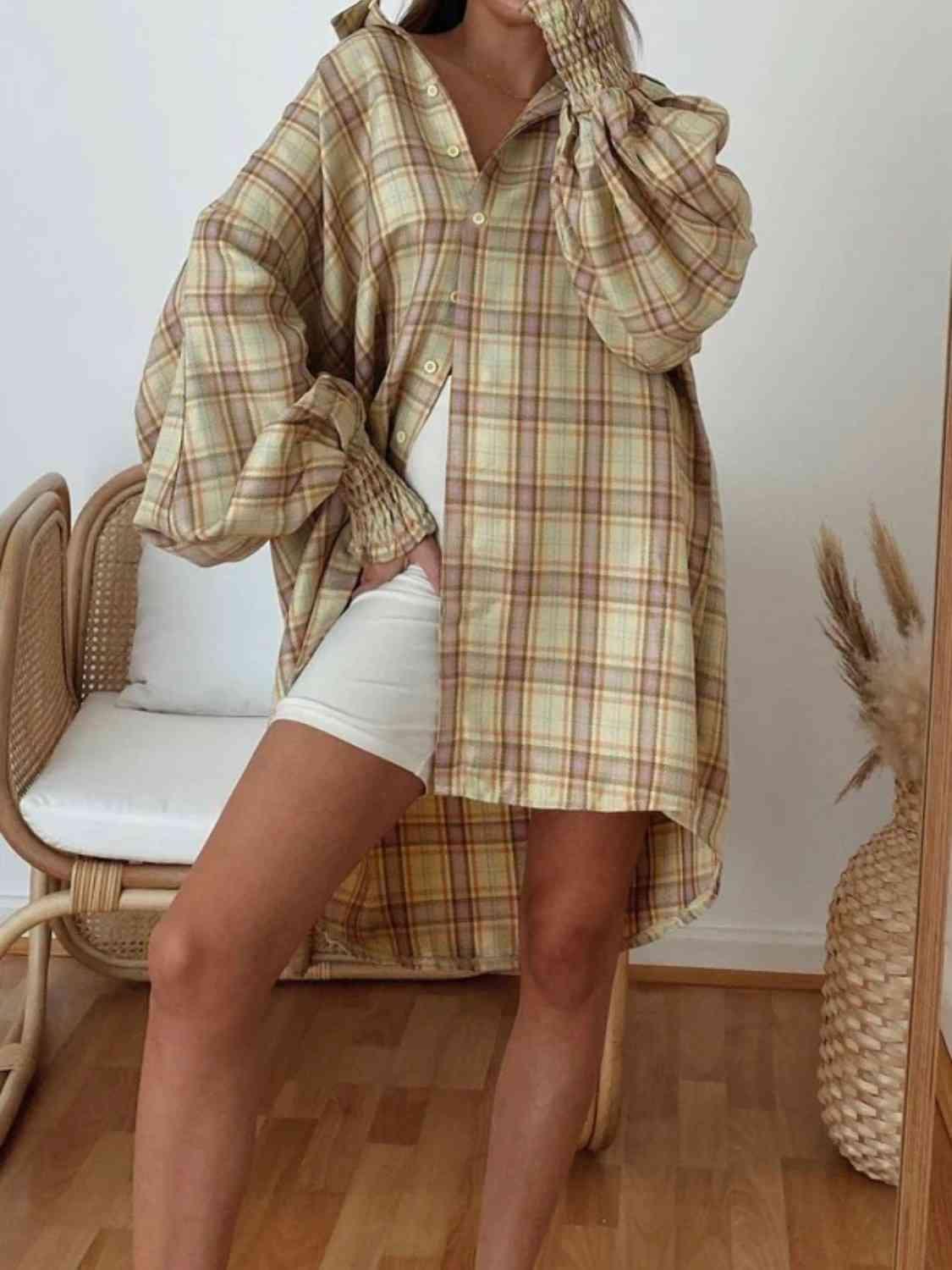 Get trendy with Plaid Lantern Sleeve Shirt - Shirt available at Styles Code. Grab yours today!