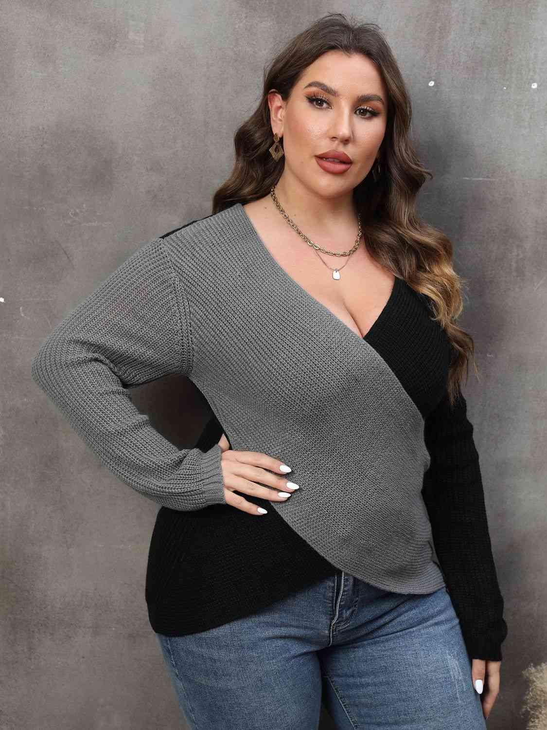 Get trendy with Plus Size Two-Tone Surplice Neck Sweater - Sweater available at Styles Code. Grab yours today!